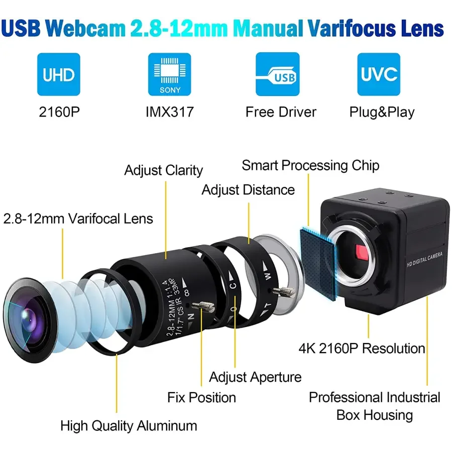 PHONEFIX 4K 8MP HD varifocal USB webcam with optical zoom, suitable for high-definition video calls and streaming.