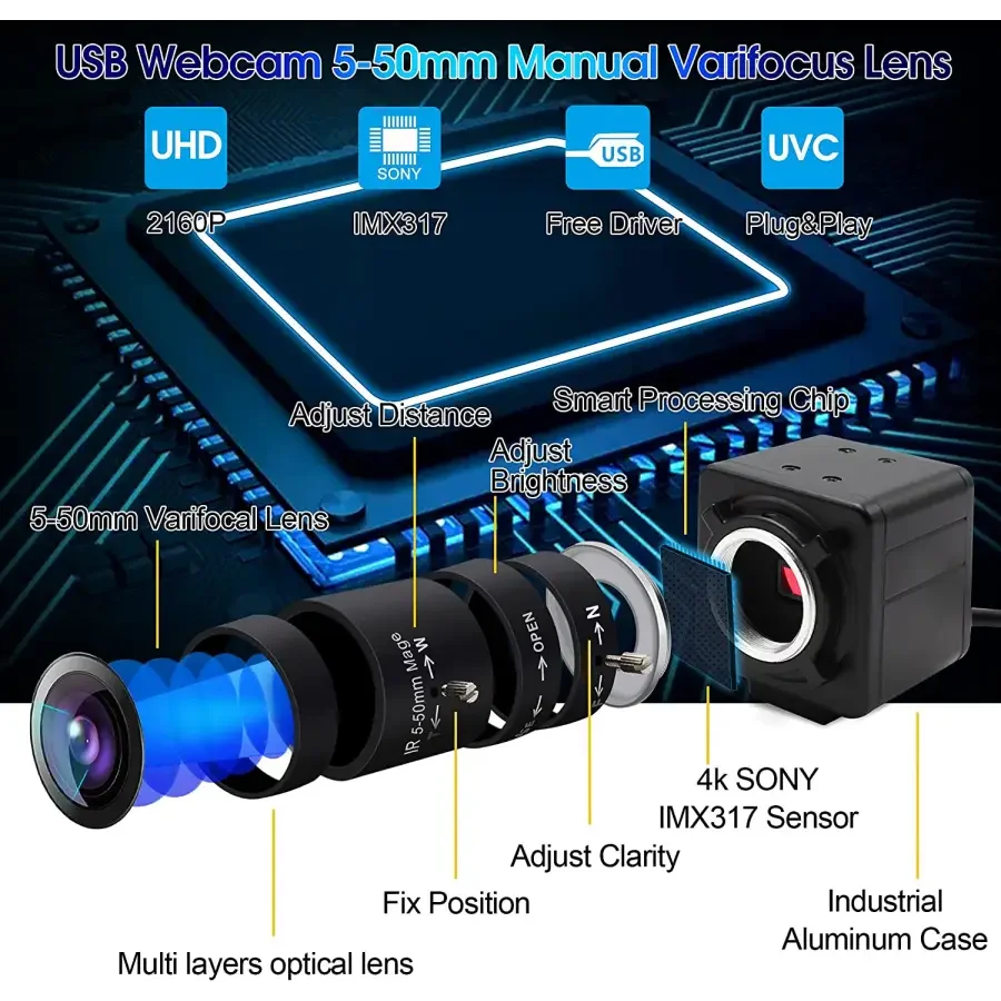 PHONEFIX 4K 8MP HD USB webcam with varifocal lens and optical zoom, suitable for high-definition video recording and streaming.