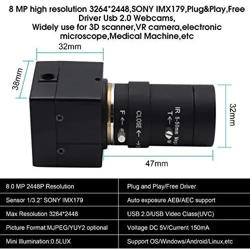 PHONEFIX 4K 8MP HD varifocal USB webcam with optical zoom, ideal for high-resolution video conferencing and streaming.