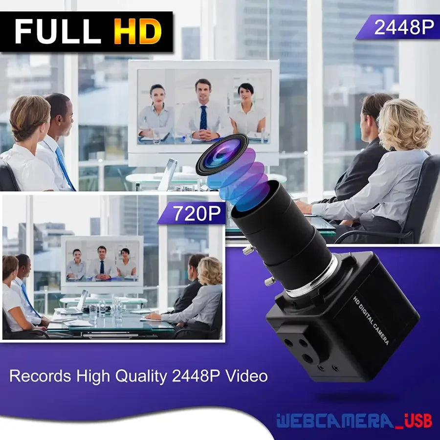 PHONEFIX 4K 8MP HD varifocal USB webcam with optical zoom and HDMI output, suitable for high-quality video conferencing.