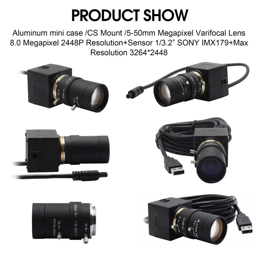 PHONEFIX 8MP USB webcam with varifocal lens, high-speed industrial camera for machine vision, suitable for USB and HDMI connections.