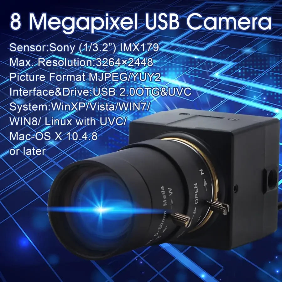 PHONEFIX 8MP USB webcam with varifocal lens, high-speed industrial camera for machine vision, suitable for high-precision imaging.