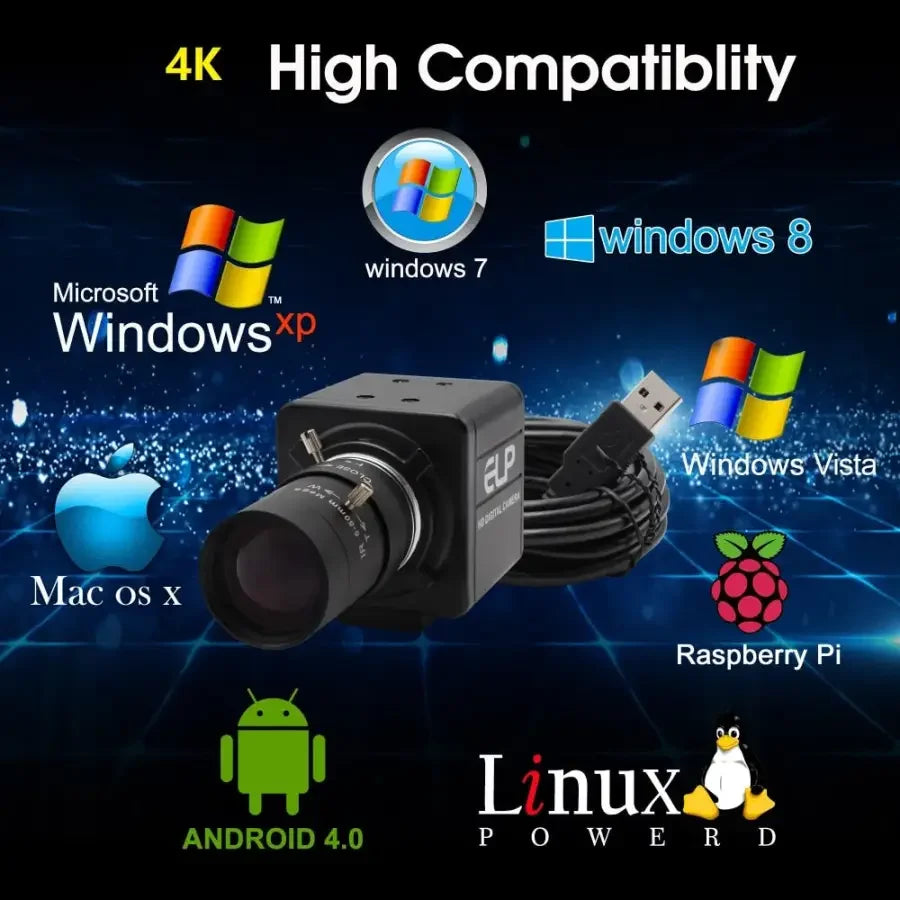 4K Sony USB webcam with 2.8-12mm lens for industrial machine vision, featuring HDMI connection and robust construction.
