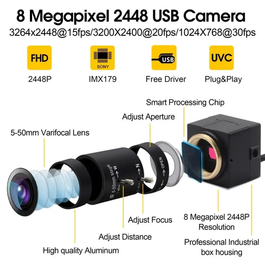 High-resolution 8MP USB webcam by PHONEFIX, industrial-grade video camera with HDMI and USB connectivity for surveillance and recording.
