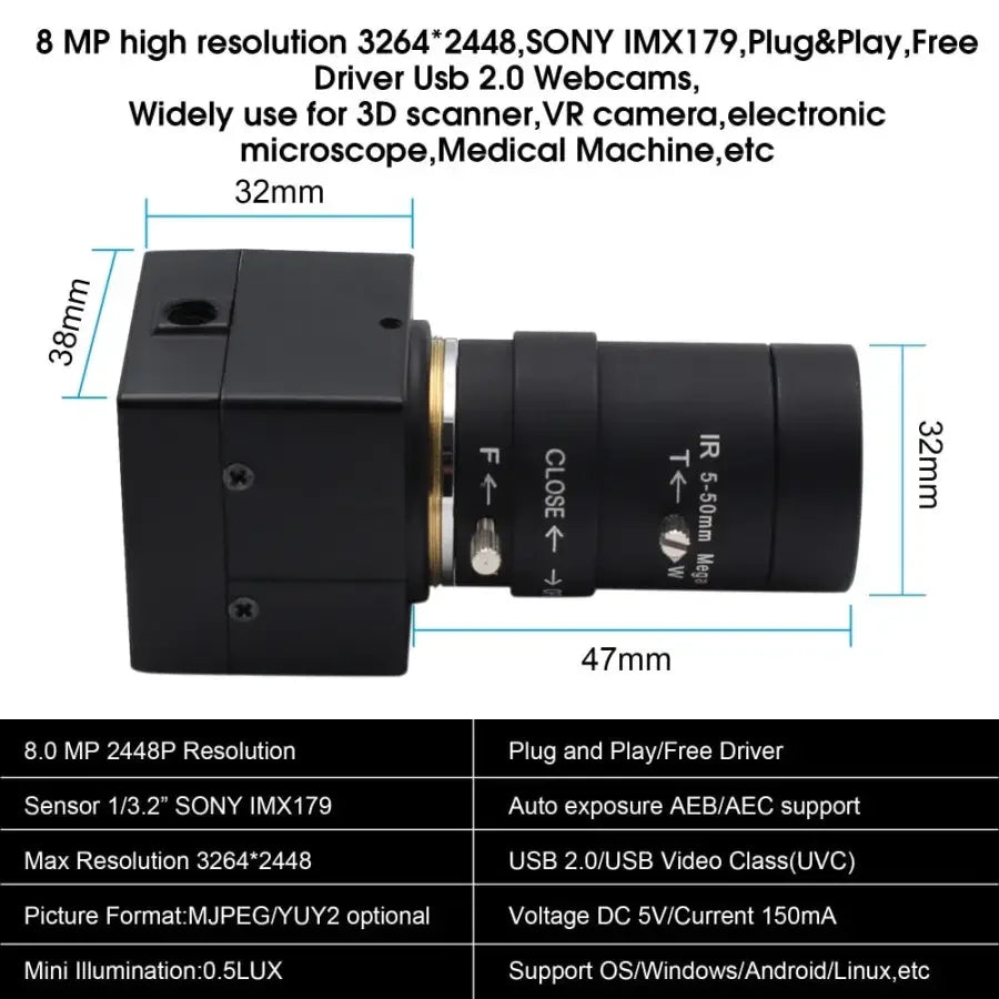 High-resolution 8MP USB CCTV webcam by PHONEFIX, industrial-grade USB video camera with HDMI output, suitable for surveillance and video calls.