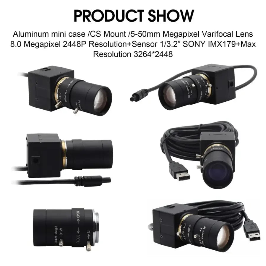 PHONEFIX 8MP USB CCTV webcam with high resolution, industrial-grade video camera, suitable for USB and HDMI connections.