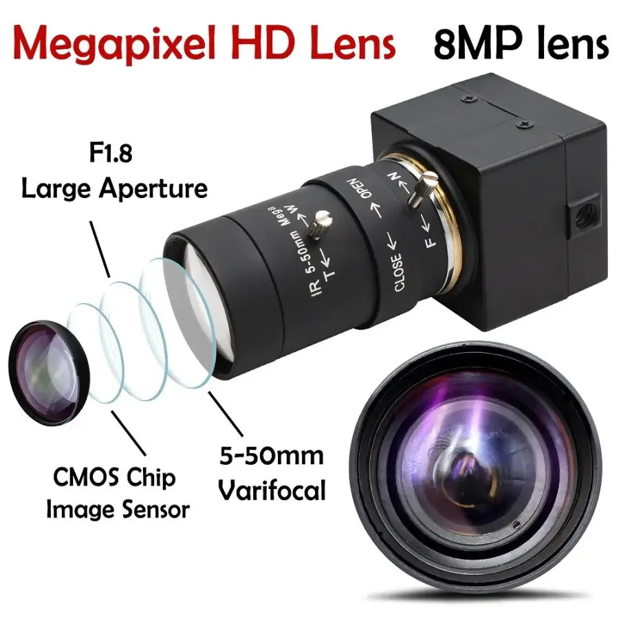 8MP USB HDMI industrial webcam by PHONEFIX showing high-resolution lens and sturdy design for surveillance and video recording.