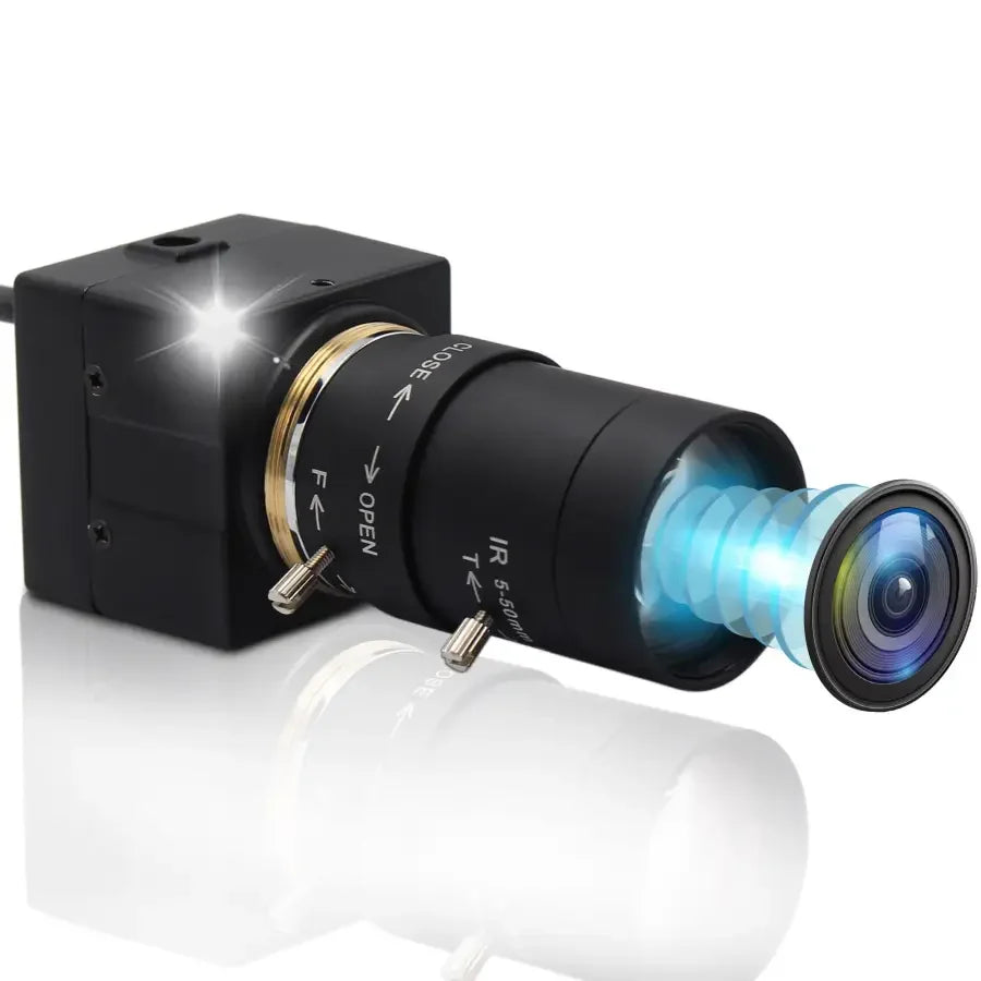 High-resolution 8MP USB webcam by PHONEFIX, industrial-grade USB HDMI video camera with lens and connection ports visible.