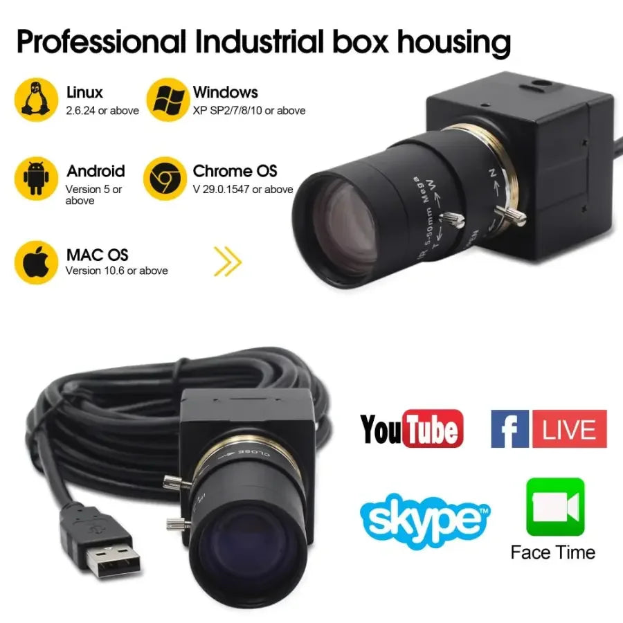SONY HD 8MP USB CCTV webcam with 5-50mm varifocal lens, suitable for HD video and security monitoring.