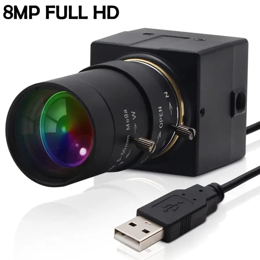 PhoneFix 8MP USB webcam with Sony HD sensor and 5-50mm varifocal lens, ideal for CCTV or video conferencing.