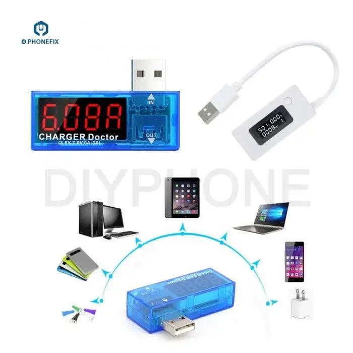 PhoneFix USB port charger tester with voltmeter and ammeter to measure output voltage and current for USB devices.