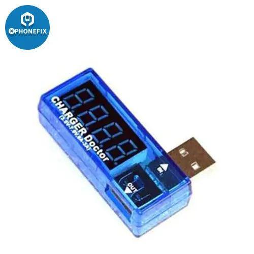 USB port tester with voltmeter and ammeter display, used for measuring output voltage and current on PhoneFix charger USB ports.