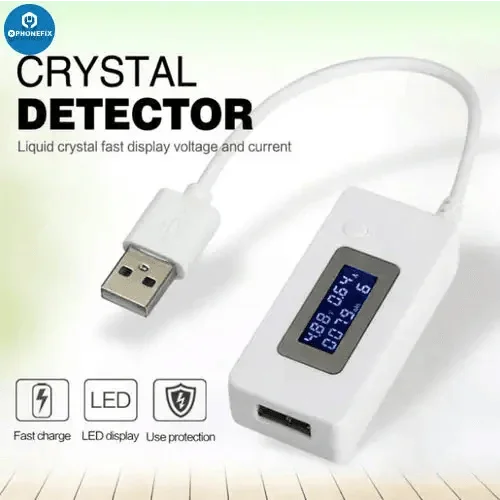 PhoneFix USB port charger with voltage and current meter tester, showing output readings on a digital multimeter display.