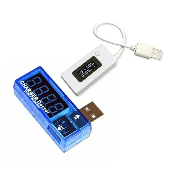 PhoneFix USB port charger with voltage, amps, and multimeter tester showing output readings on the display.