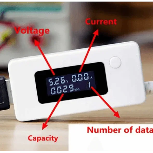 PhoneFix USB port charger tester displaying output voltage, current (amps), and multimeter readings for device charging.
