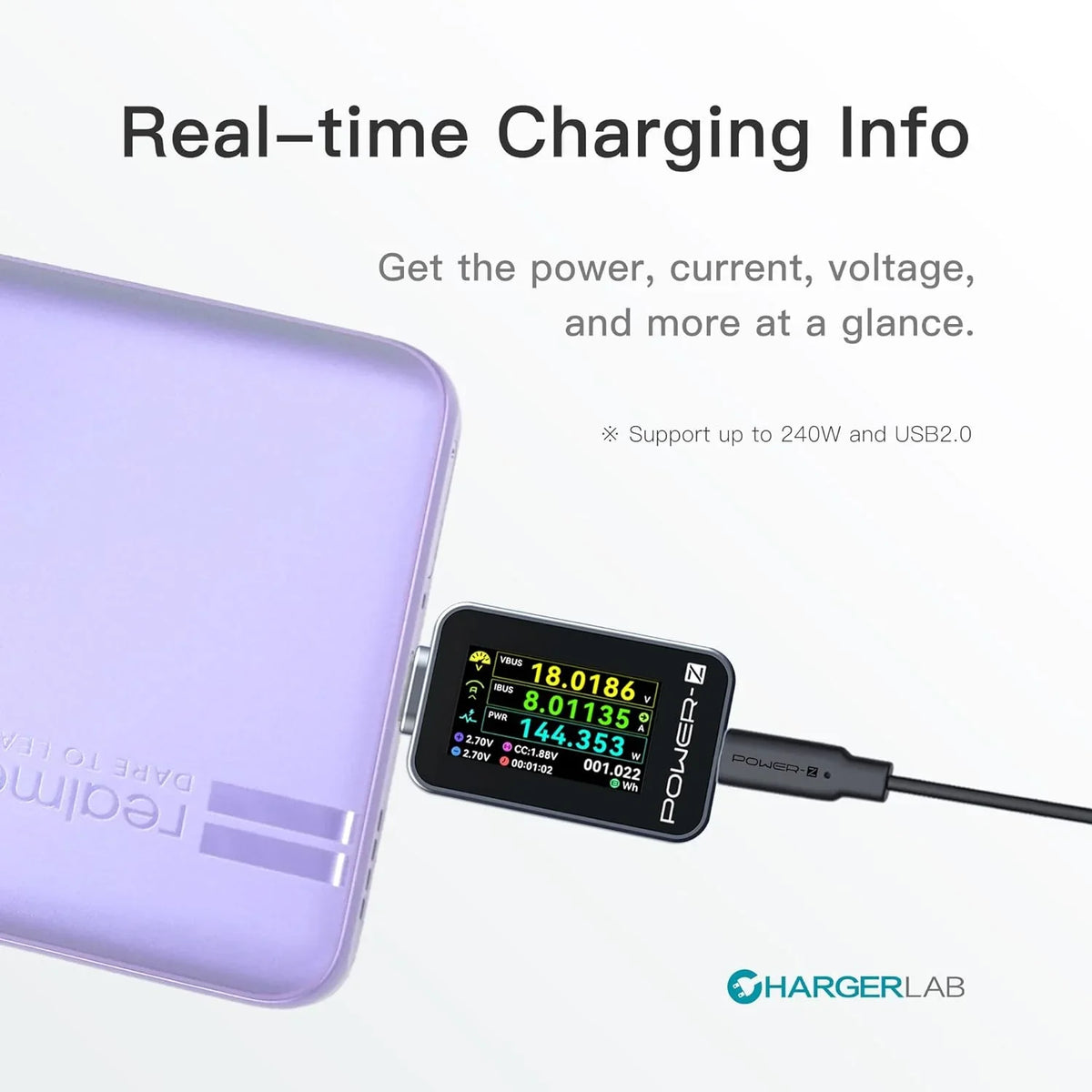 Power-Z AK001 C240 USB-C tester by PHONEFIX displaying a digital screen with voltage and current readings on a Type-C PD charging power meter