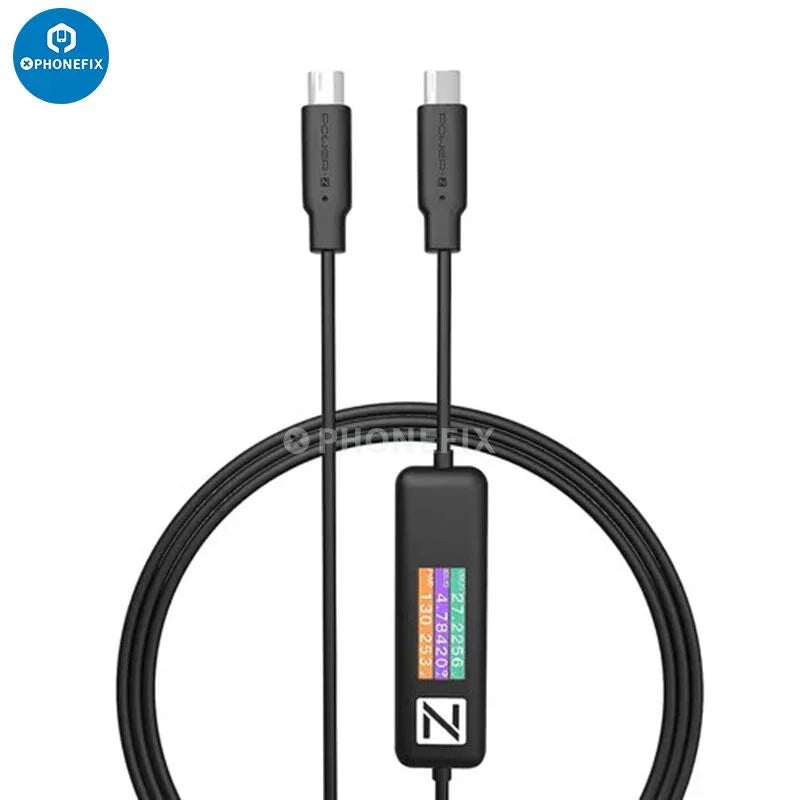 PHONEFIX Power-Z AK001 USB-C tester showing a compact device plugged into a Type-C port with digital display for charging analysis.