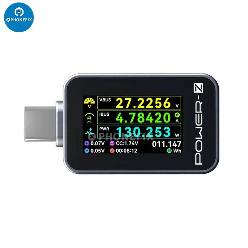 PHONEFIX Power-Z AK001 C240 USB-C tester showing digital display of voltage, current, and power for Type-C PD charging analysis.