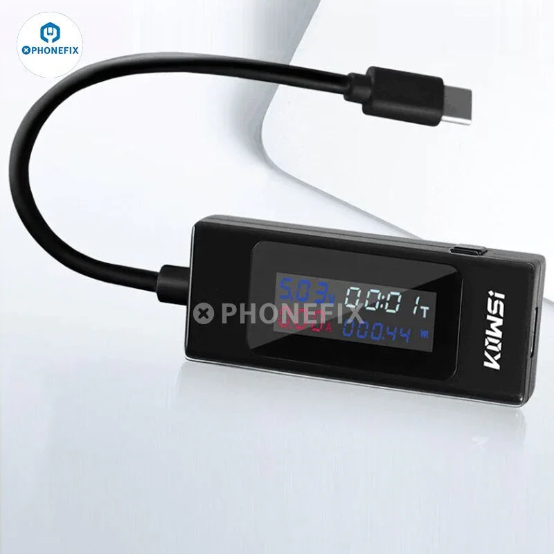 PHONEFIX Power-Z AK001 C240 USB-C tester showing digital display and port connection, used for testing USB-C PD charging power meters.
