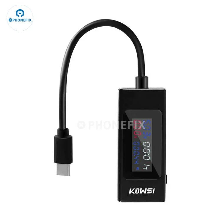 PHONEFIX Power-Z AK001 C240 USB-C tester with digital display showing voltage, current, and power measurements on a Type-C port.