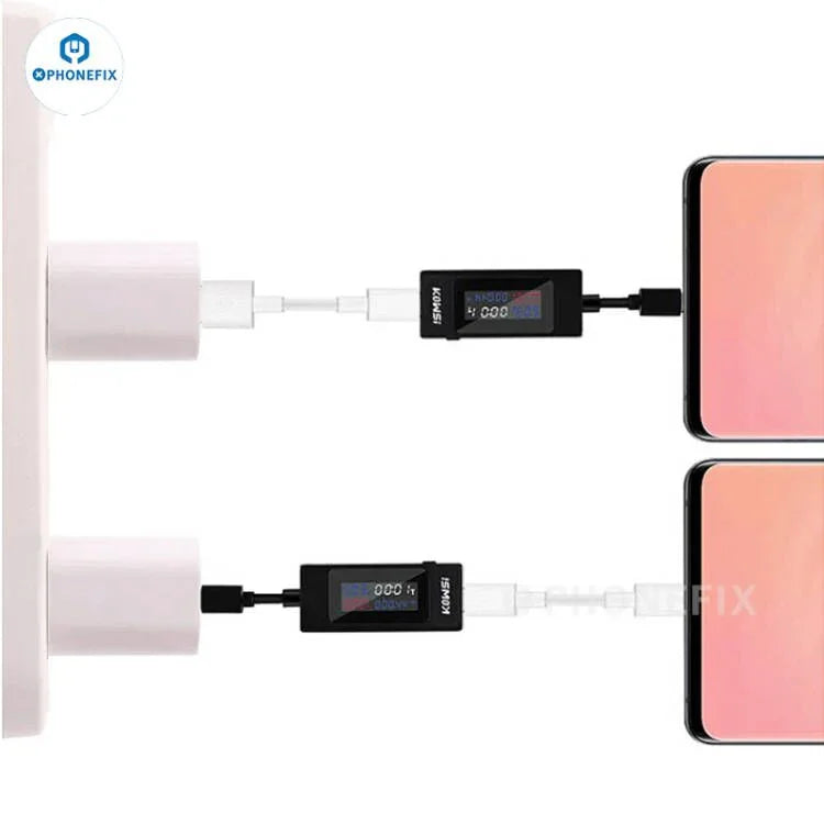 PhoneFix Power-Z AK001 C240 USB-C tester displaying charging power and voltage on a digital screen, used for USB-C PD power measurement.