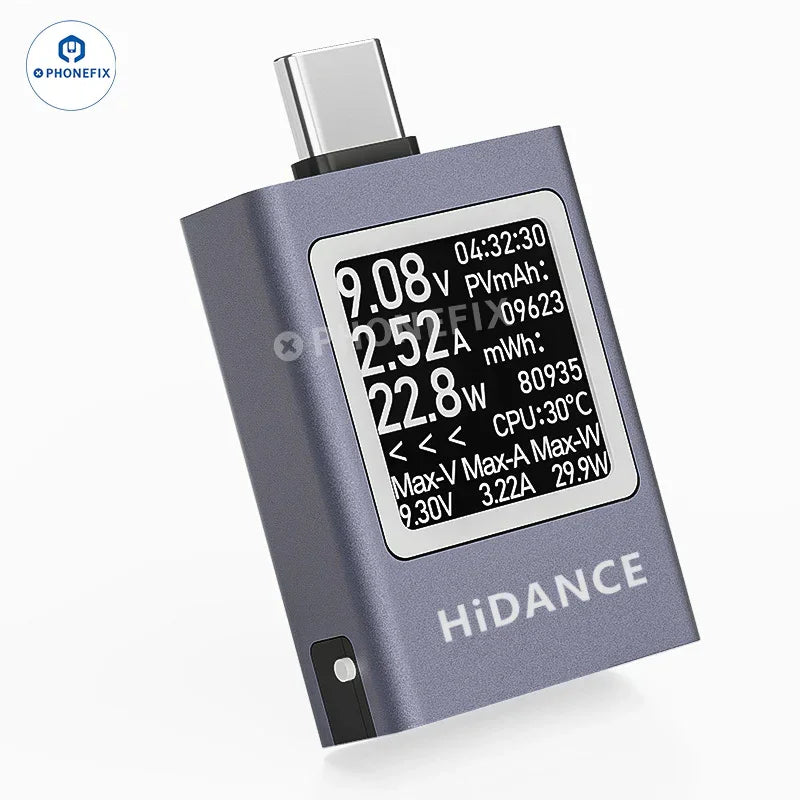 Gray Power-Z AK001 C240 USB-C tester showing digital display and Type-C port, used for measuring charging power and voltage.