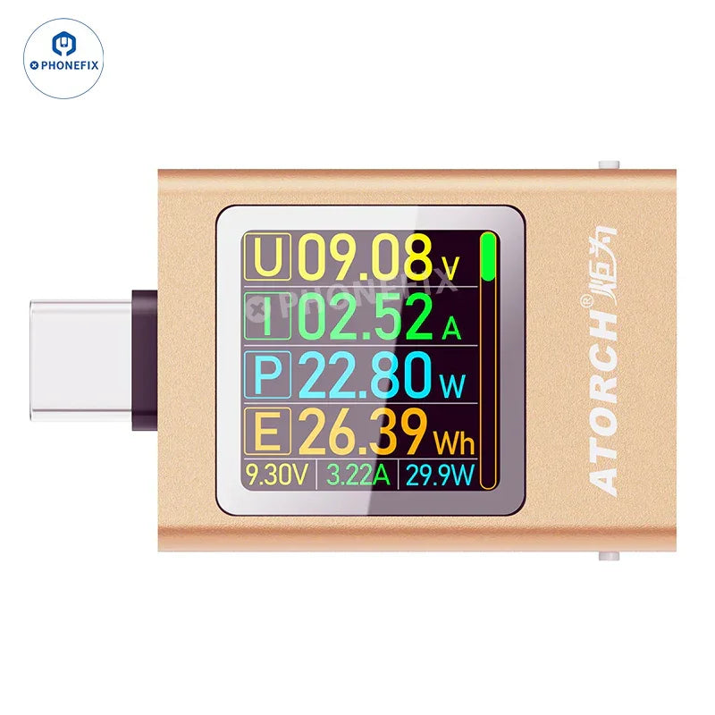 PHONEFIX Power-Z AK001 C240 USB-C Tester displaying digital voltage and current readings on a colorful screen.