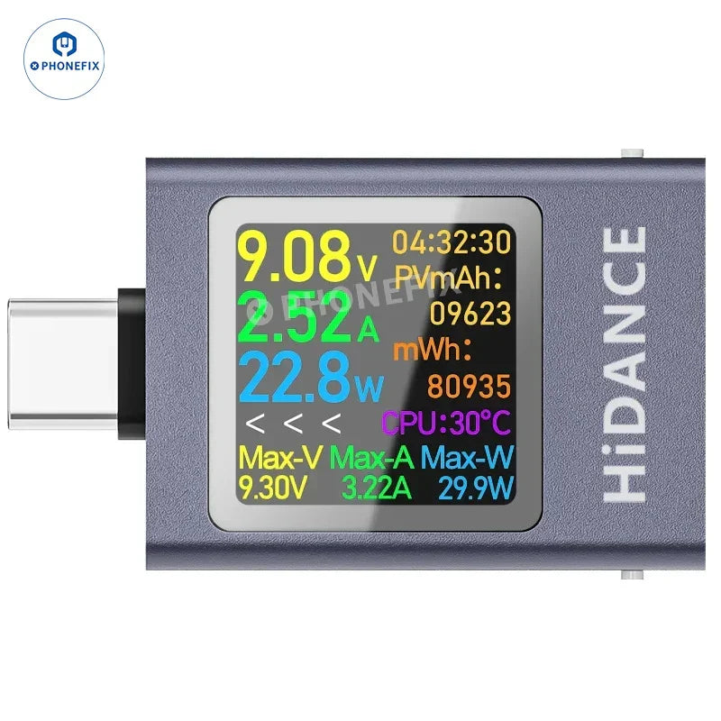 PHONEFIX Power-Z AK001 C240 USB-C tester showing digital display of voltage and current on a compact USB-C power meter