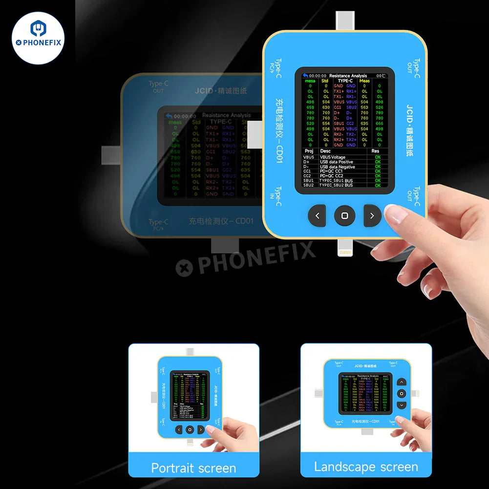 El comprobador de puertos USB PhoneFix JCID CD01 incluye un diagrama de JC para puertos Tipo-C y Lightning, que permite detectar problemas de carga y el estado de los puertos.