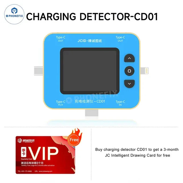 PHONEFIX JCID CD01 Probador de puertos USB con diagrama JC para puertos Tipo C y Lightning para detección y prueba de carga.