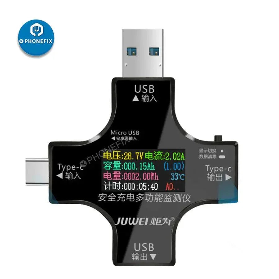 PHONEFIX 2-in-1 Type-C USB tester with 4 ports, multimeter for voltage and current detection, showing connected USB devices