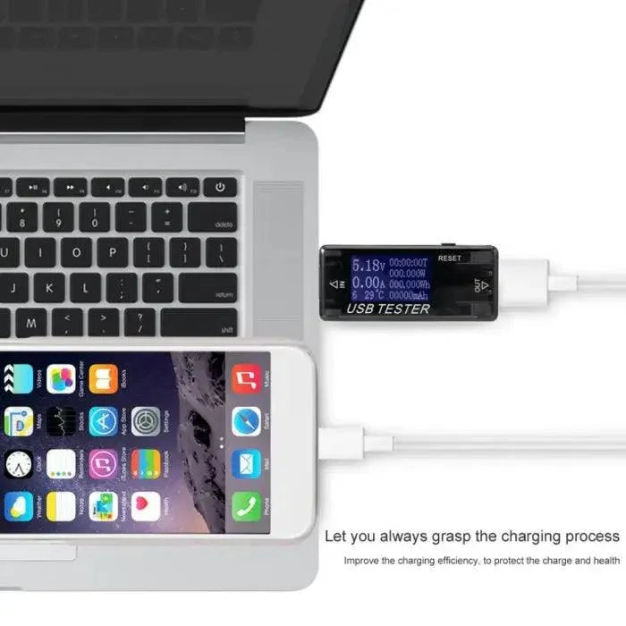 Phonefix 3-in-1 USB tester displaying current, voltage, and capacity readings on a digital screen for testing USB ports.