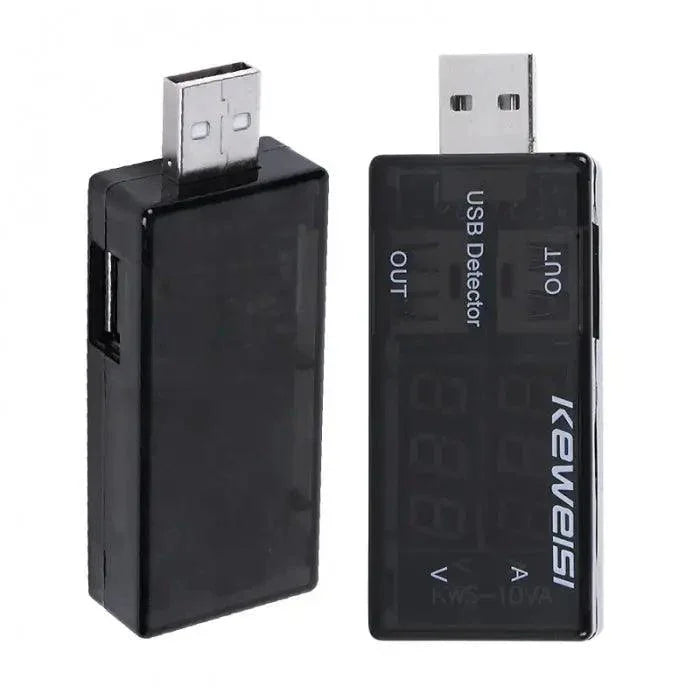 PhoneFix Keweisi dual-out port USB current and voltage tester showing connected USB device and display readings for testing.