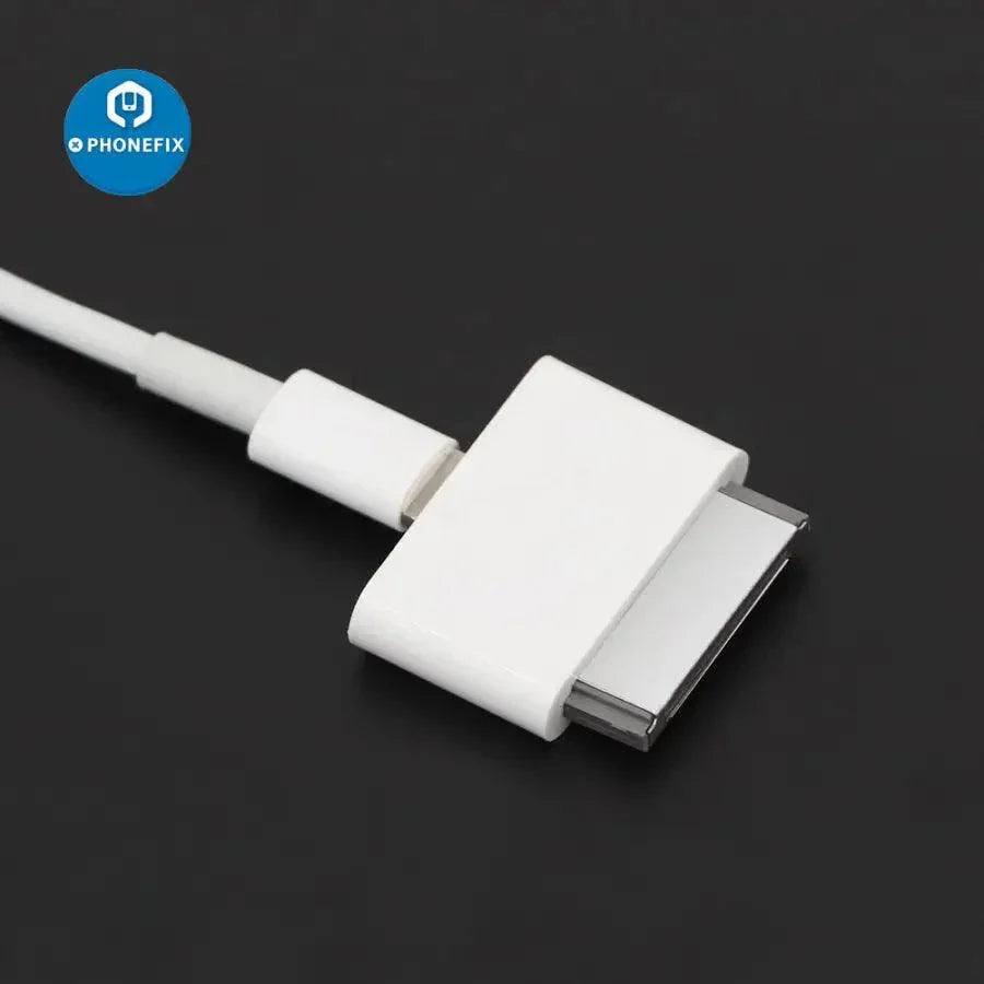 USB port tester showing a Lightning 8-pin female to 30-pin male adapter for iPhone 4 and iPad 2/3 by PHONEFIX.