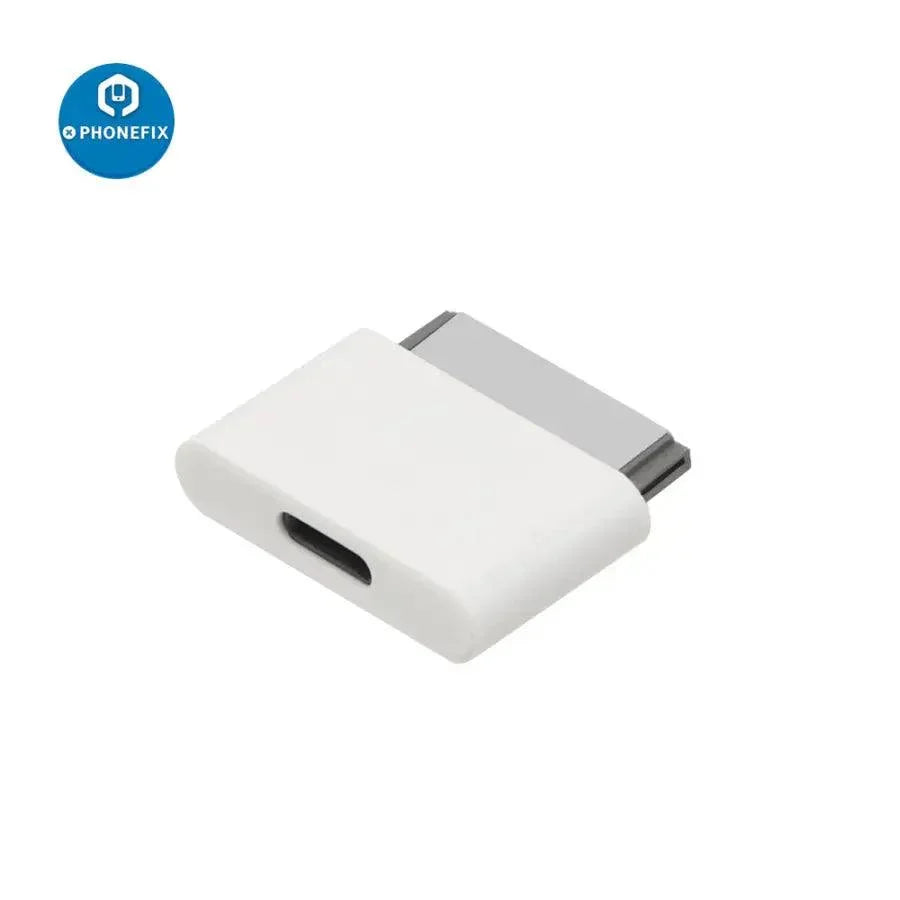 PhoneFix Lightning 8-pin female to 30-pin male adapter for iPhone 4 and iPad 2/3, shown connected to a USB port tester.