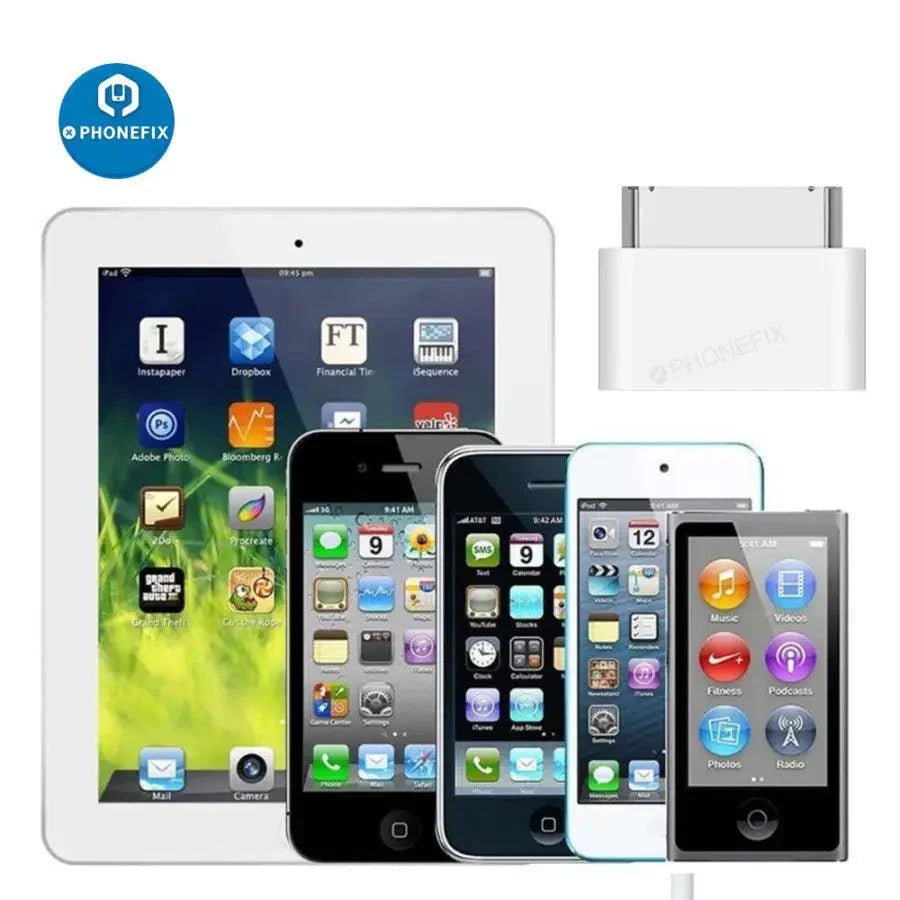 PhoneFix Lightning 8-pin female to 30-pin male adapter for iPhone 4 and iPad 2/3, used with USB port testers.