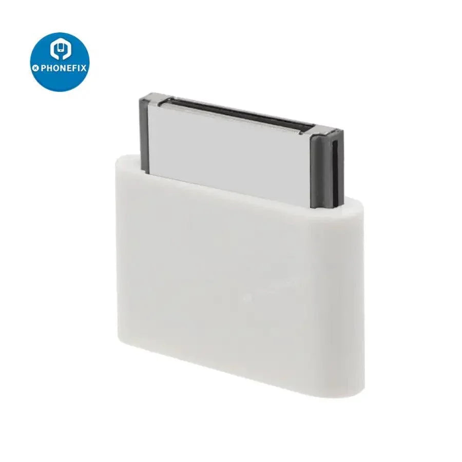 PhoneFix Lightning 8-pin female to 30-pin male adapter for iPhone 4 and iPad 2/3, with USB port tester visible.