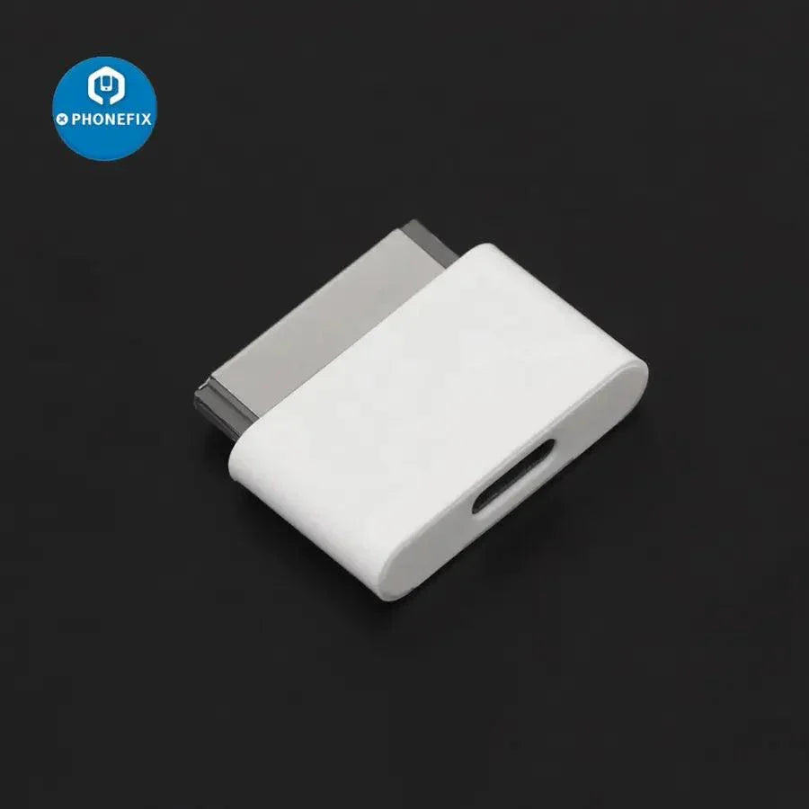PhoneFIX Lightning 8-pin female to 30-pin male adapter for iPhone 4 and iPad 2/3, shown with USB port tester device.