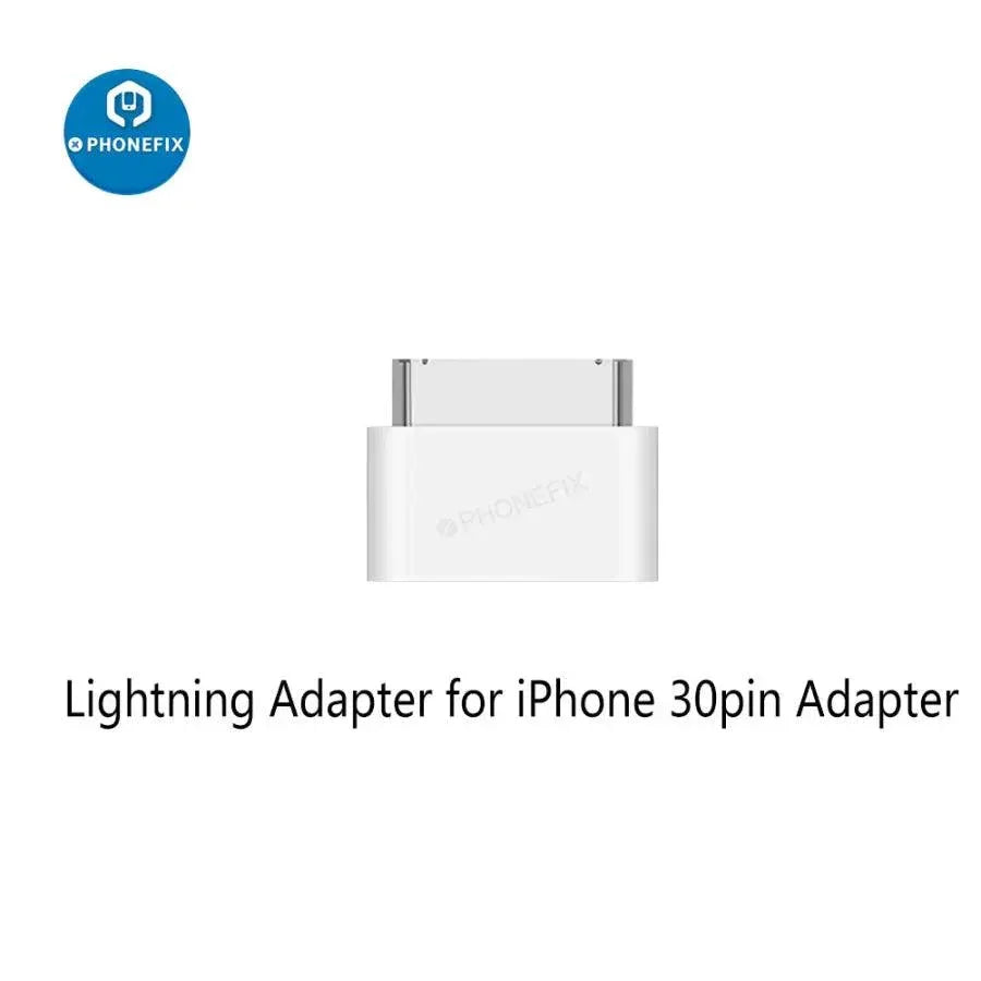 PhoneFix Lightning 8-pin female to 30-pin male adapter for iPhone 4 and iPad 2/3, shown connected to a device.