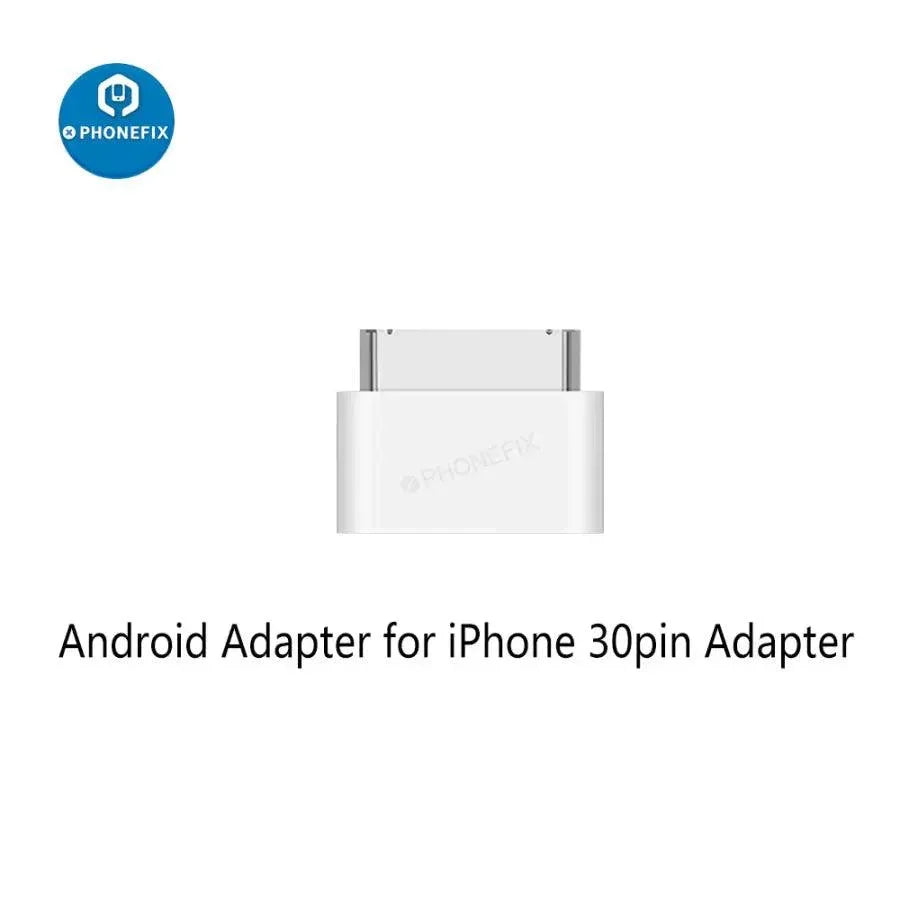 PhoneFix Lightning 8-pin female to 30-pin male adapter for iPhone 4 and iPad 2-3, with USB port tester display.