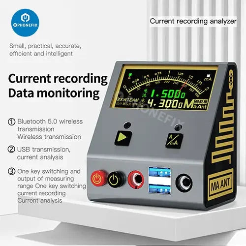 MaAnt Intelligent Current Recording Analyzer USB port tester for phone repair by PHONEFIX, showing device connected to a smartphone.