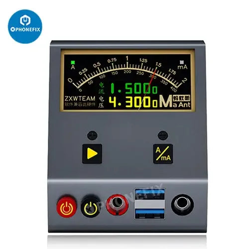 MaAnt Intelligent Current Recording Analyzer USB port tester for phone repair by PHONEFIX, showing device connected to a smartphone.