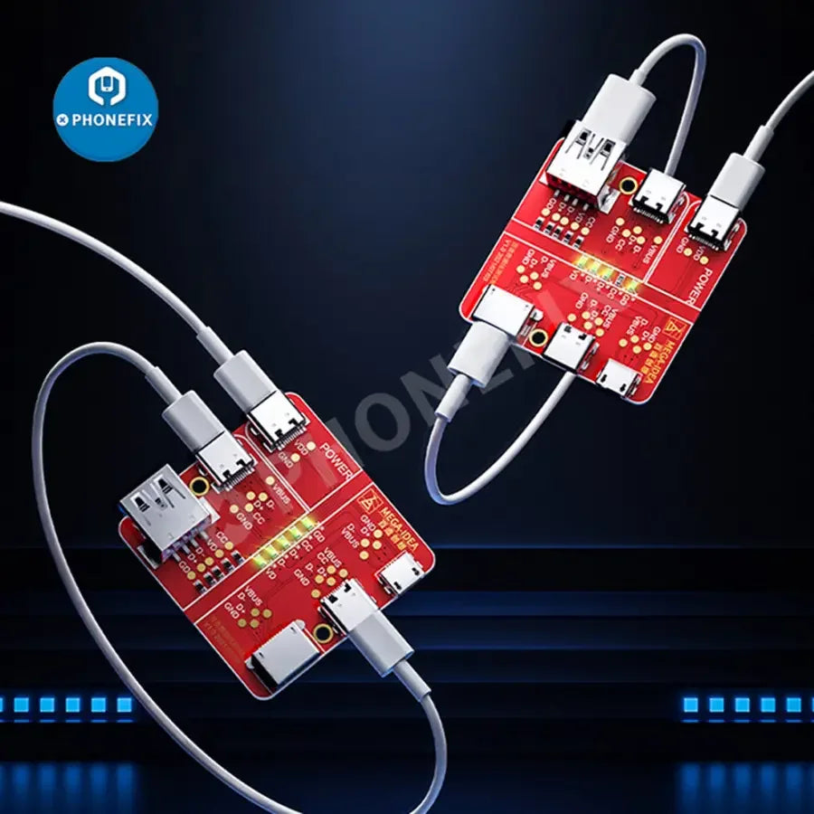 QianLi Mega-iDea USB Data Cable On-Off Detection Board Test Tool for phone repair, showing the USB port tester device.