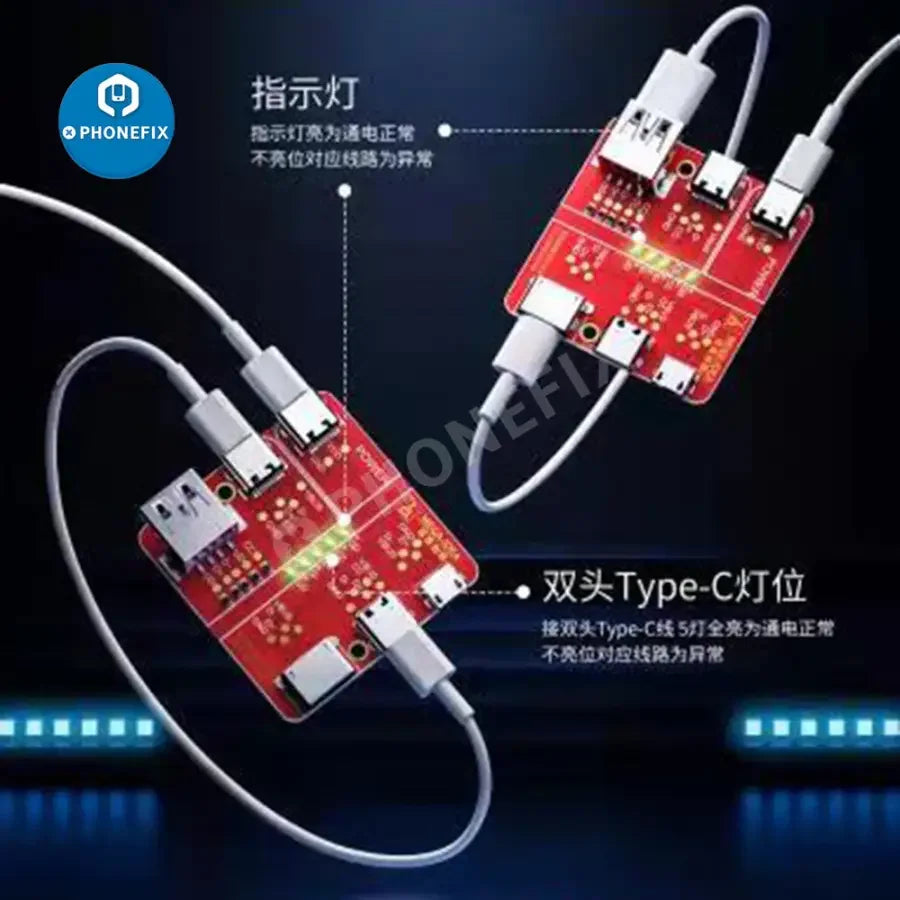 QianLi Mega-iDea USB data cable on-off detection board test tool by PHONEFIX, showing the compact testing device with USB ports.