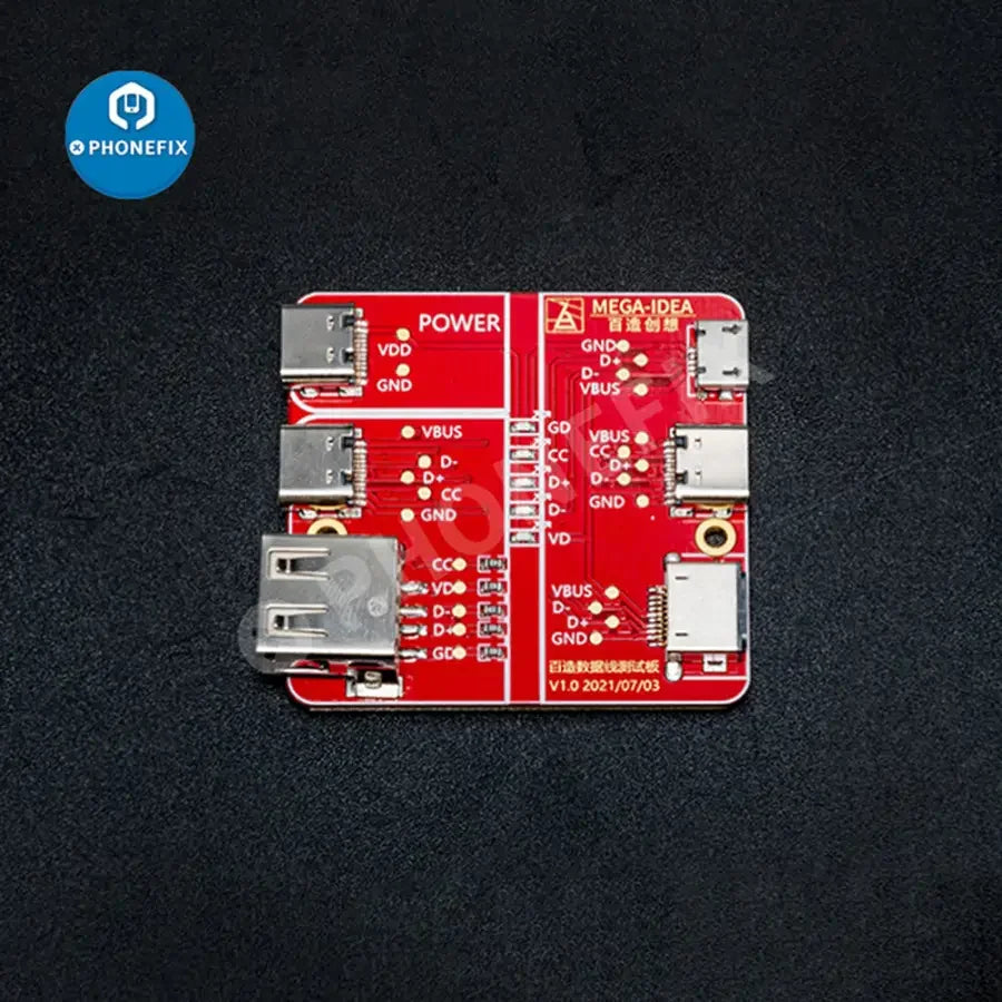 QianLi Mega-iDea USB data cable on-off detection board test tool for phone repair, showing the compact testing device with ports