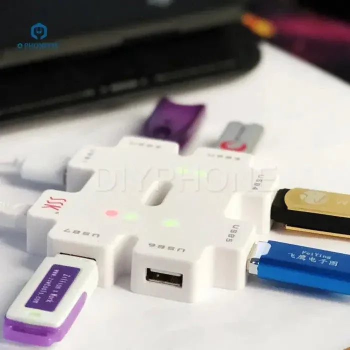 PHONEFIX SSK SHU011 USB Hub Power Splitter with 7 ports, USB extender and port tester, connected to various USB devices.
