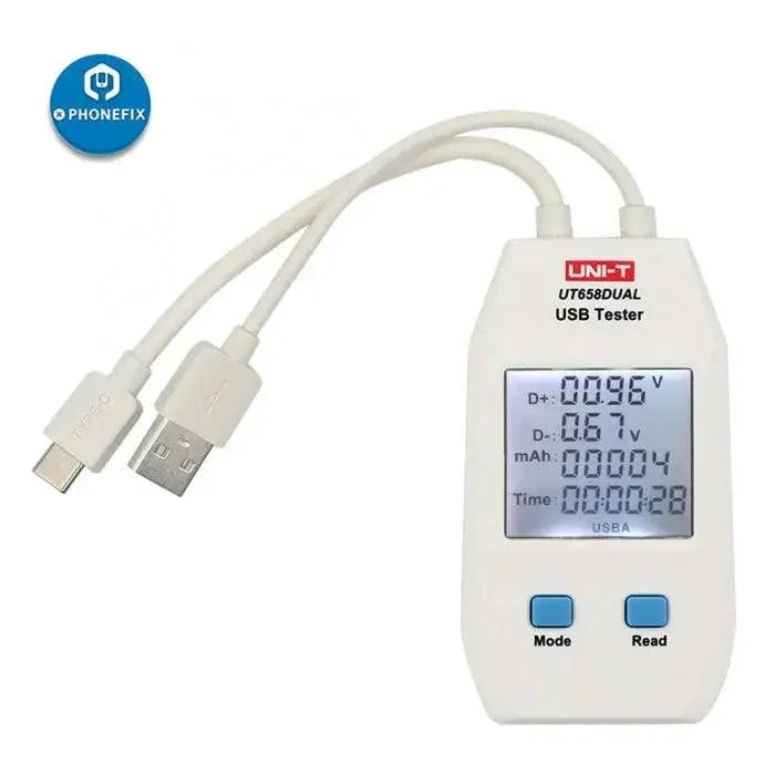 PhoneFix UT658 USB port tester showing dual output current and voltage monitor on a USB power meter device.