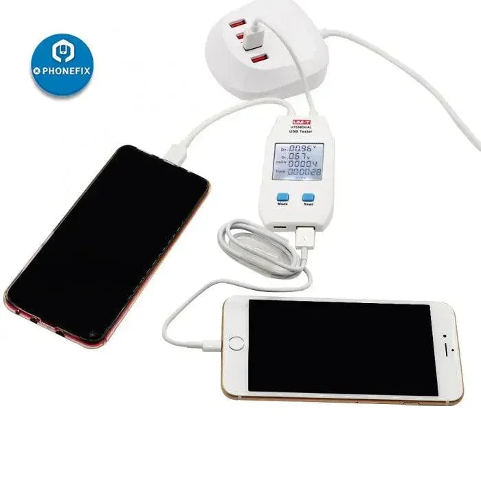 PHONEFIX UT658 USB port tester displaying dual output current and voltage readings on a compact power meter device.