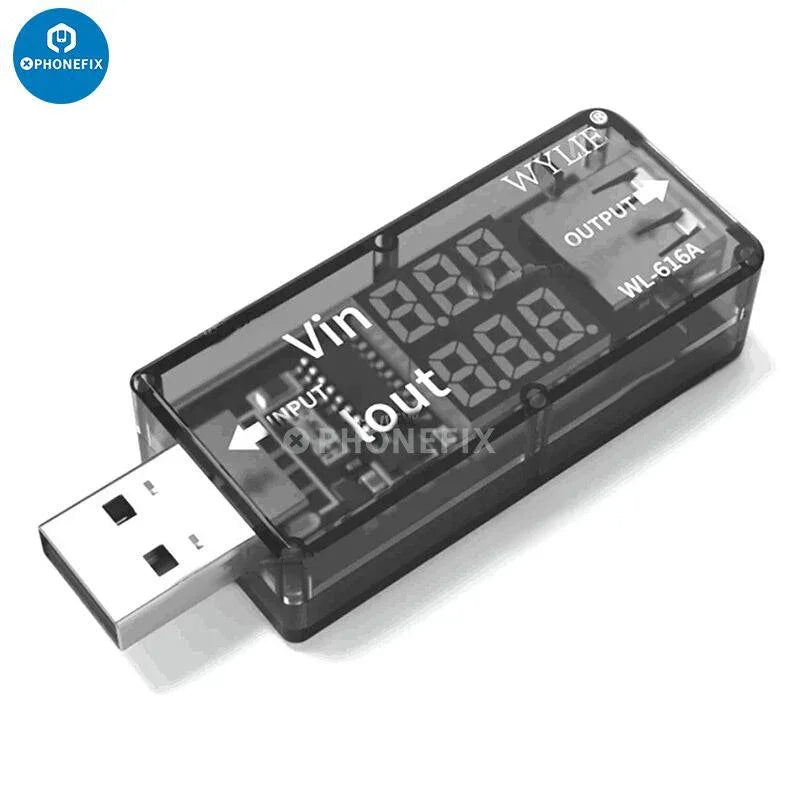 Wylie WL-616A USB charging tester with real-time digital display showing voltage and current, designed for phone and device testing.