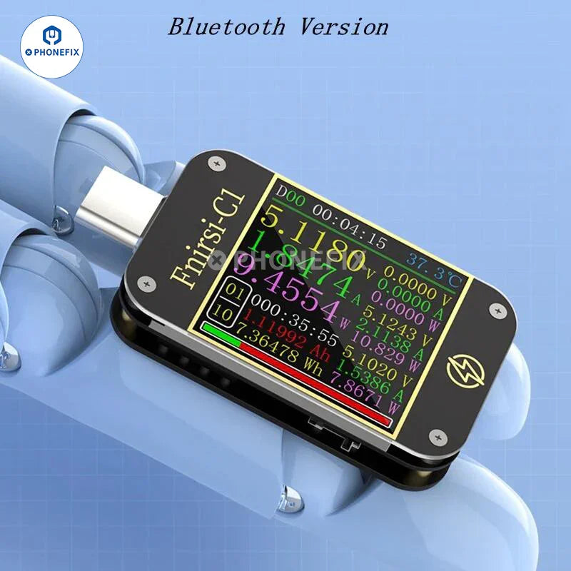 PHONEFIX FNB38 FNIRSI-C1 USB port tester displays voltage and current for fast charging protocol testing on a compact USB device.